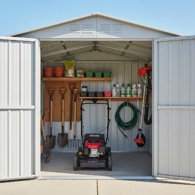 An Arrow Classic Steel Storage Shed providing secure and organized storage for gardening tools and equipment.