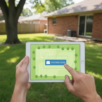 An aerial view of a person planning the ideal placement of a storage shed in a backyard using a tablet, considering various environmental factors.