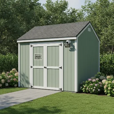 An overview of a secure backyard shed featuring smart security integrations
