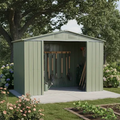 An 8x6 foot basic metal garden tool shed with double sliding doors and a sloped roof in a sunny backyard.