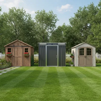 A rustic wooden storage shed next to a modern metal shed and a compact plastic shed, illustrating different material types for backyard storage solutions.