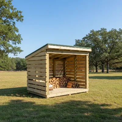 A well-ventilated firewood shed with logs stacked neatly inside, elevated off the ground, and a sloped roof protecting it from rain.