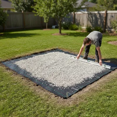 Gravel pad foundation for a quick shed base installation