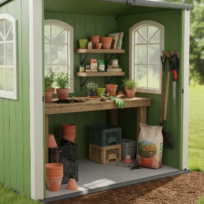 A Keter Artisan Resin Storage Shed being used as a functional gardening workstation, with tools and plants organized neatly inside.