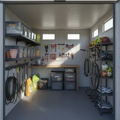 Interior view of a Keter Artisan Resin Storage Shed, showcasing customizable shelving and ample space.