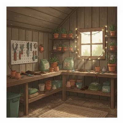 An illustration of a lean-to shed configured as a small potting station, with shelves of plants, gardening tools, and natural light.