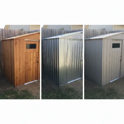 A side-by-side comparison of three lean-to storage sheds made of wood, metal, and resin, respectively, in a narrow side yard.