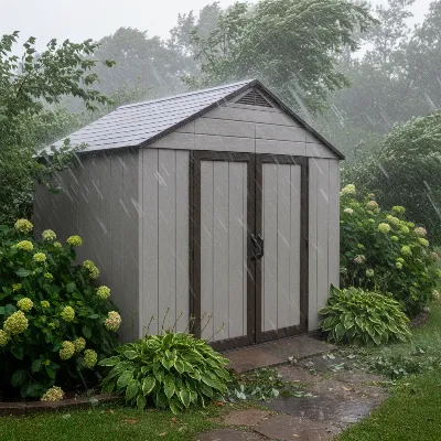 Lifetime resin shed standing strong against heavy rain and strong winds with steel-reinforced frame