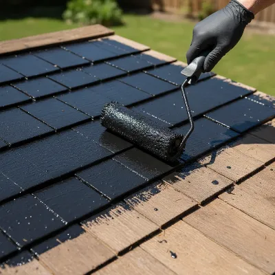 Hand applying liquid rubber waterproof coating to a wooden shed roof with a roller