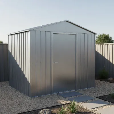A sleek, modern metal storage shed serving as a utility space in a minimalist backyard setting, emphasizing its functional design.