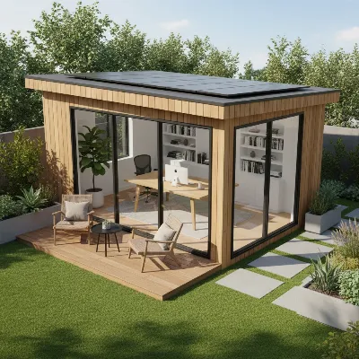 A contemporary wooden shed designed as a home office with solar panels on the roof, demonstrating multi-purpose functionality and sustainable design trends.