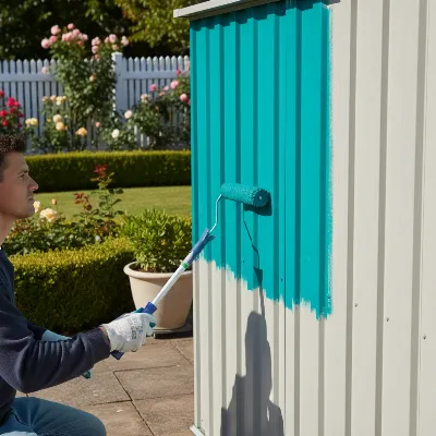 A person applying a fresh coat of paint to a metal storage shed using a roller for a smooth, even finish