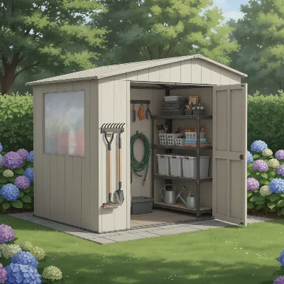 Modern resin storage shed in a backyard with garden tools and organized shelves
