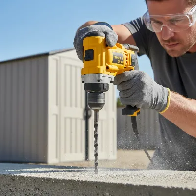 A person using a hammer drill with a masonry bit to drill into a concrete slab, with a resin shed in the background. Focus on the drill and concrete, showing safety goggles and gloves.