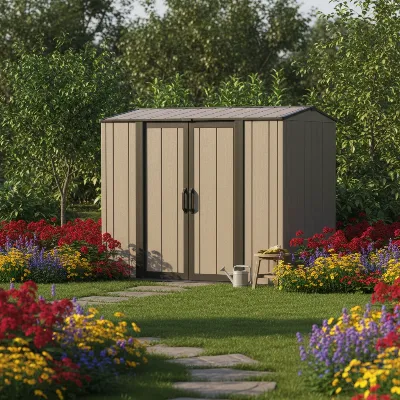 An aesthetically pleasing Rubbermaid Roughneck resin storage shed blending into a backyard garden setting.