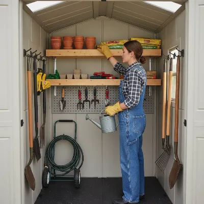 A person organizing gardening tools inside a durable Rubbermaid Roughneck resin storage shed.