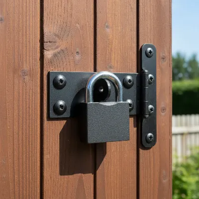 Close-up of a reinforced shed door with a heavy-duty padlock and secure hinges
