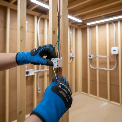 A professional electrician safely installing an electrical outlet with GFCI protection inside a storage shed, focusing on secure wiring.