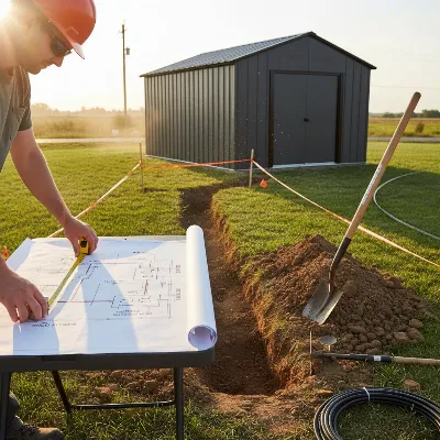 A homeowner planning safe electricity installation to a storage shed, reviewing diagrams and considering underground wiring.