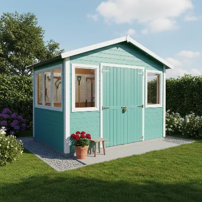 A neatly maintained shed exterior with trimmed bushes, no debris, and sealed foundation for pest prevention