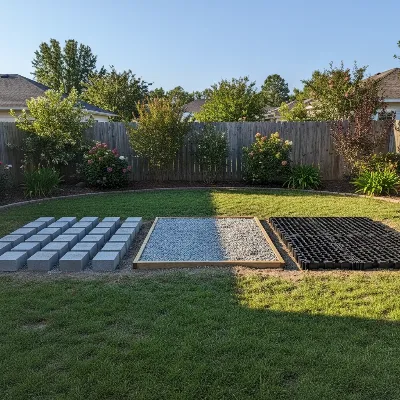 Various cost-effective shed foundation options like concrete blocks, a gravel pad, and plastic grids laid out in a backyard setting.