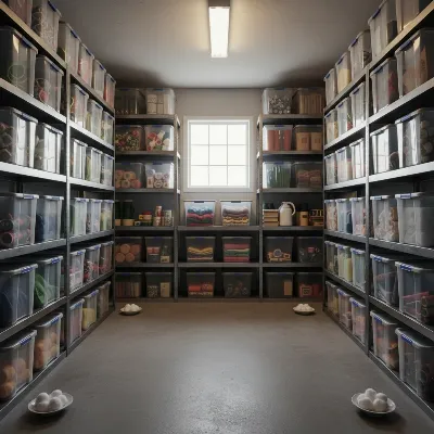 An immaculately organized shed interior with items stored in clear, airtight bins, visible pest deterrents, and no clutter
