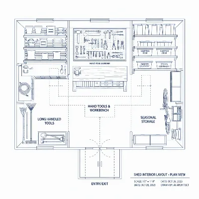 Illustration of a storage shed floor plan with designated zones and various storage solutions clearly marked
