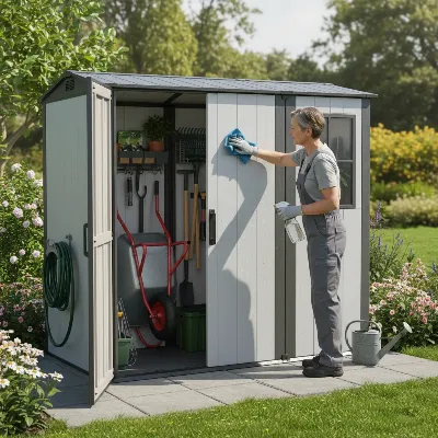 A person inspecting and maintaining a well-kept storage shed with an included floor, surrounded by garden tools.