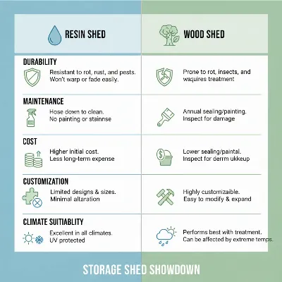 A detailed comparison chart illustrating features of resin and wood storage sheds.