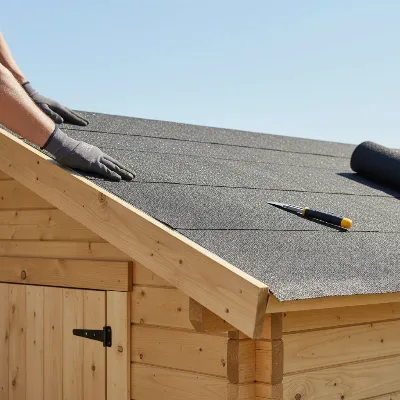 Worker installing roofing felt on a wooden shed roof, overlapping strips for waterproofing