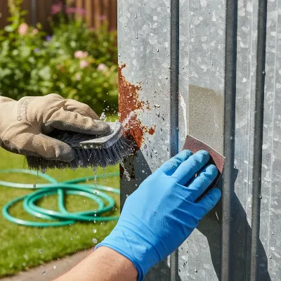A person thoroughly cleaning and sanding a metal storage shed to remove rust and prepare the surface for painting