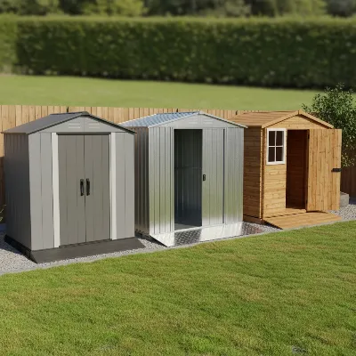 A side-by-side comparison of different storage shed types: plastic, metal, and wood, each with their integrated floor visually represented.