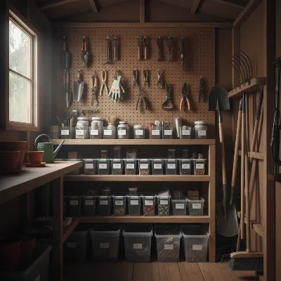 Inside a compact storage shed showing organized vertical storage solutions for tools