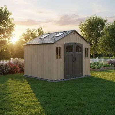 A pristine Suncast Tremont resin storage shed positioned neatly in a lush green backyard, sunlight highlighting its textured walls and skylights.