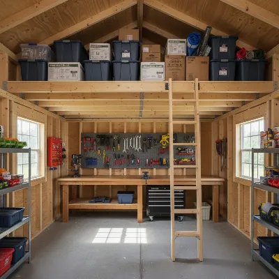 Interior of a Tuff Shed Premier Tall Barn showing a loft and organized storage solutions