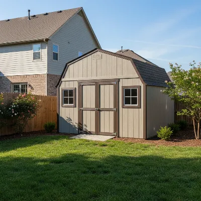 Tuff Shed Premier Tall Barn exterior with gambrel roof in a suburban backyard
