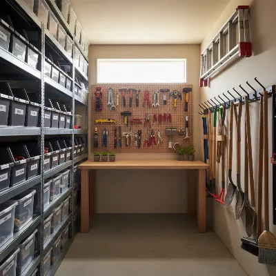 Various vertical storage solutions in an organized shed, including shelves, pegboards, and wall hooks for tools