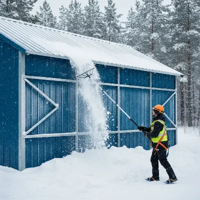 A person safely removing snow from the roof of a heavy-duty metal storage shed using a long-handled snow rake, demonstrating winter maintenance.